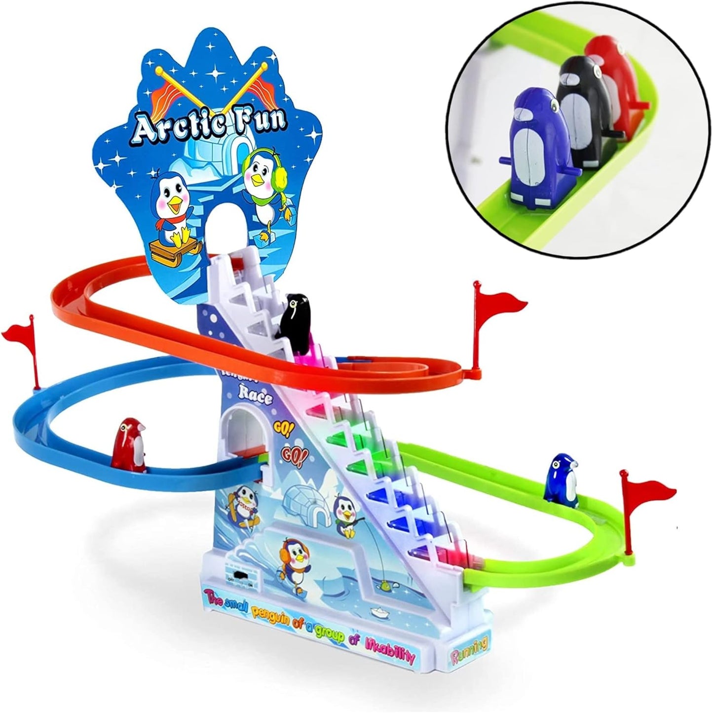 Ensemble de toboggans Arctic Fun : piste de glisse, pingouins grimpeurs d'escaliers