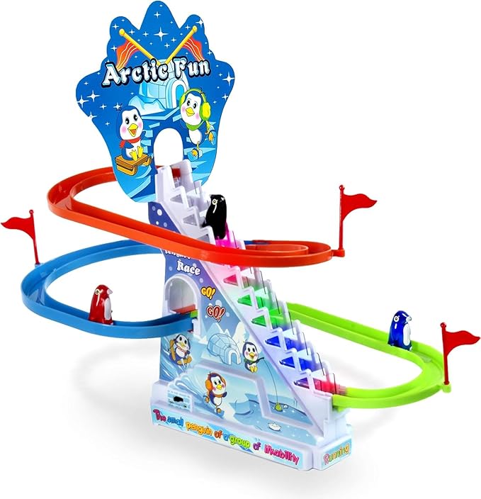 Ensemble de toboggans Arctic Fun : piste de glisse, pingouins grimpeurs d'escaliers
