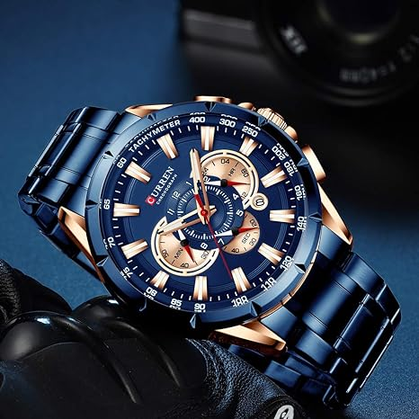 Curren Montre-bracelet pour homme avec trois sous-cadrans Affichage de la date Acier Sport Quartz Horloge Bleu 8363, bleu, 22, Bracelet