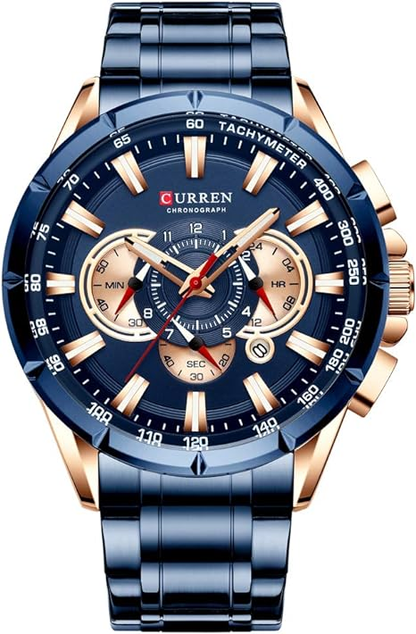 Curren Montre-bracelet pour homme avec trois sous-cadrans Affichage de la date Acier Sport Quartz Horloge Bleu 8363, bleu, 22, Bracelet