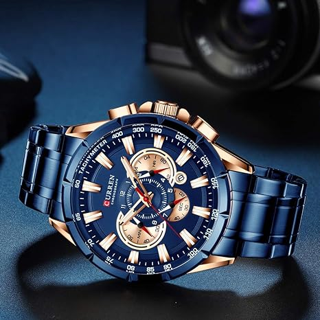 Curren Montre-bracelet pour homme avec trois sous-cadrans Affichage de la date Acier Sport Quartz Horloge Bleu 8363, bleu, 22, Bracelet