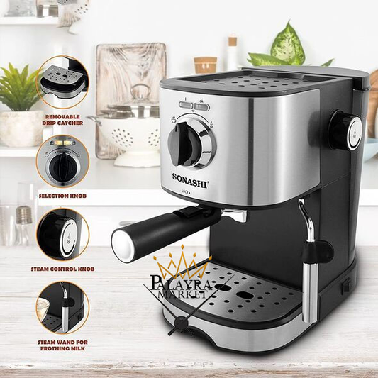 Sonashi Cafetière Expresso Tout En Un Scm-4963- 850 W- 15 Bars, Capacité 1 L