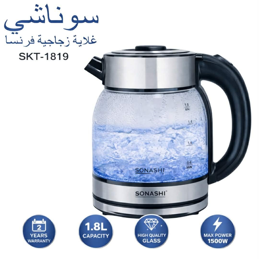 Bouilloire Électrique en Verre SONASHI SKT-1819 - 1.8L - 1500W - Éclairage LED Bleu - Design Haute Qualité Bouilloire Électrique en Verre Sonashi (SKT-1819) – 1.8L / 1500W – Image 1
