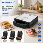 Appareil Multifonction 3-en-1 Sonashi SSM-882 – Panineuse, Grill, Donuts & Nutty 1400W
