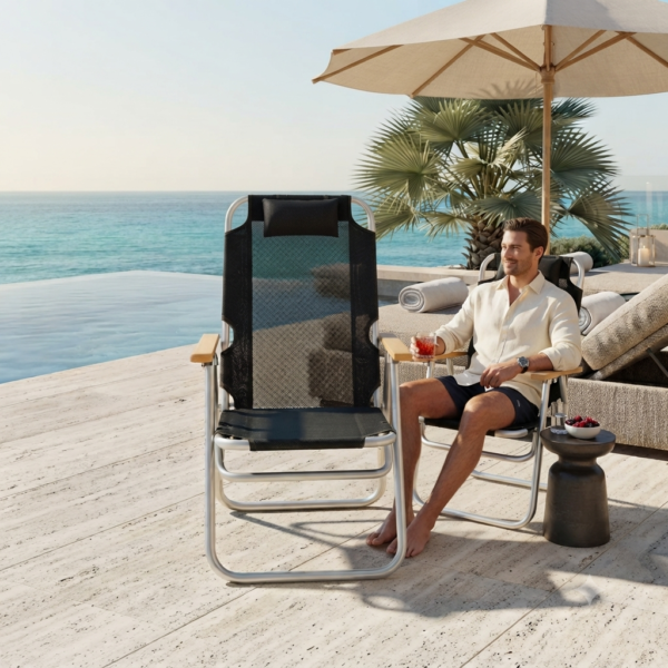 Chaise de Plage Pliante Premium –  Maille Noire