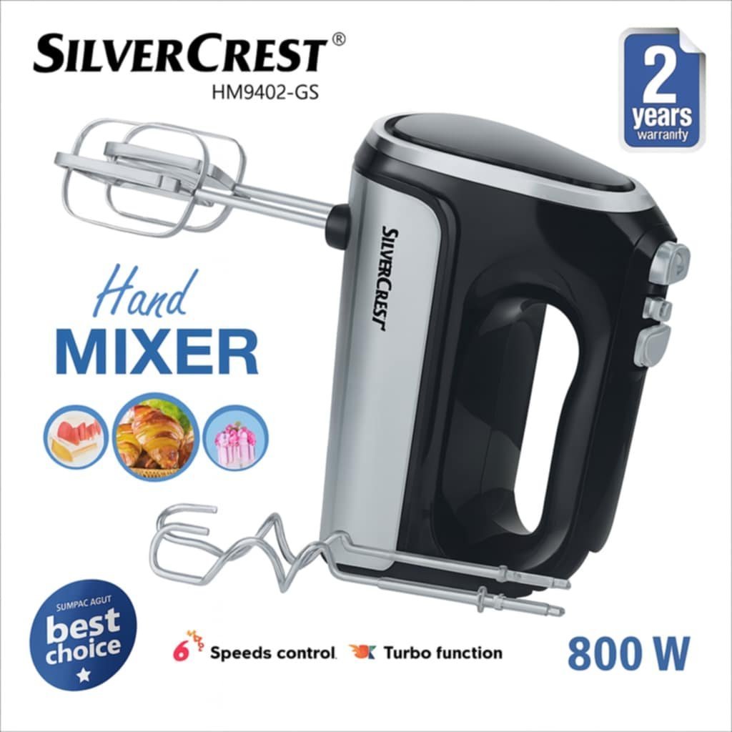 Batteur À Main inox 800W avec 6 vitesses +Turbo SilverCrest HM9402-GS Batteur Électrique SilverCrest HM9402-GS Inox 800W - Batteur de Cuisine Ultra-Puissant 6 Vitesses + Turbo | Palayra – Image 1