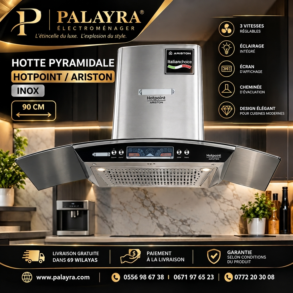 Hotte Aspirante Pyramidale 90 cm Hotpoint / Ariston avec Écran et Éclairage LED | Palayra – Image 1