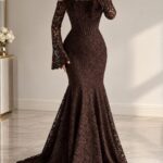 Robe de Soirée Sirène en Dentelle Épaules Dénudées et Manches Évasées (Modèle Harmonie Nocture) | Palayra