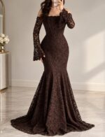 Robe de Soirée Sirène en Dentelle Épaules Dénudées et Manches Évasées (Modèle Harmonie Nocture) | Palayra