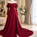Robe de Soirée Longue Épaules Dénudées avec Corset Structuré et Manches en Dentelle (Modèle Impérial) | Palayra