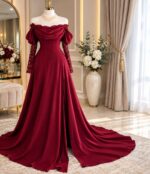 Robe de Soirée Longue Épaules Dénudées avec Corset Structuré et Manches en Dentelle (Modèle Impérial) | Palayra