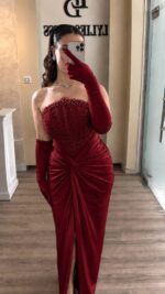 Robe de Soirée Haute Couture Bustier avec Corsage Perlé et Gants Assortis (Modèle Élégance Royale) | Palayra – Image 4