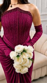 Robe de Soirée Haute Couture Bustier avec Corsage Perlé et Gants Assortis (Modèle Élégance Royale) | Palayra – Image 3