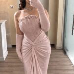 Robe de Soirée Haute Couture Bustier avec Corsage Perlé et Gants Assortis (Modèle Élégance Royale) | Palayra
