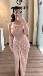 Robe de Soirée Haute Couture Bustier avec Corsage Perlé et Gants Assortis (Modèle Élégance Royale) | Palayra