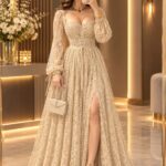 Robe Longue de Soirée en Dentelle avec Corset Lacé et Manches Longues Bouffantes (Modèle Bohème Chic) | Palayra