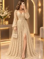 Robe Longue de Soirée en Dentelle avec Corset Lacé et Manches Longues Bouffantes (Modèle Bohème Chic) | Palayra